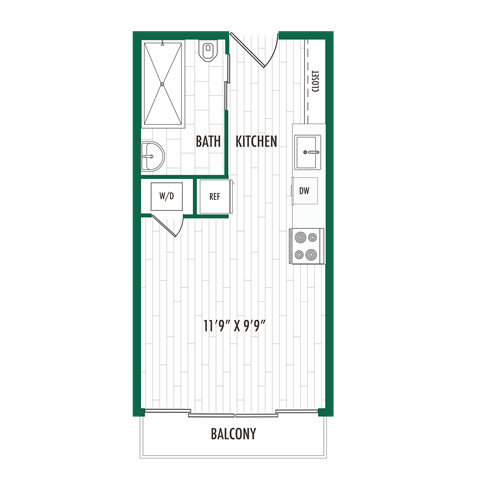 Floor plan for studio, 1 bath, 398 sqft